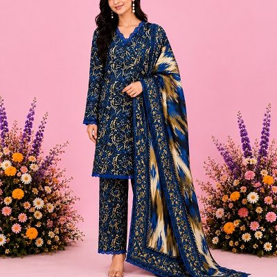 Women's Navy Blue Floral Printed Lawn 3-Piece Suit with Digital Printed Dupatta